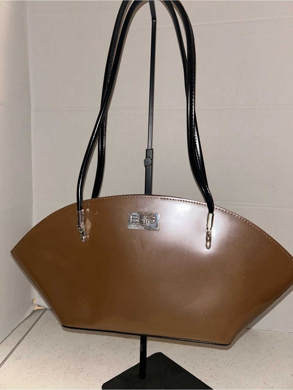 Beijo Brown Faux Leather Dome Tote with Black Handles